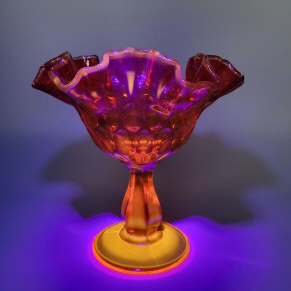 Fenton Amberina Glass Pedestal Bowl Thumbprint Ruffled Edge 6 Inch - Picture 1 of 7